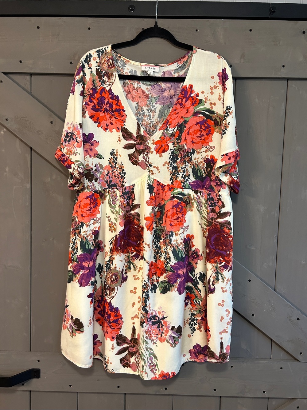Andree Cream Floral V-Neck Tunic with Pink & Purple Blooms